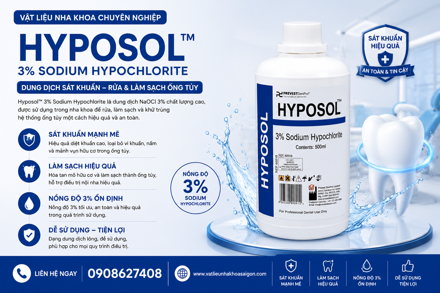 Nước bơm rửa ống tuỷ Hyposol 3% Sodium Hypochlorite - Prevest