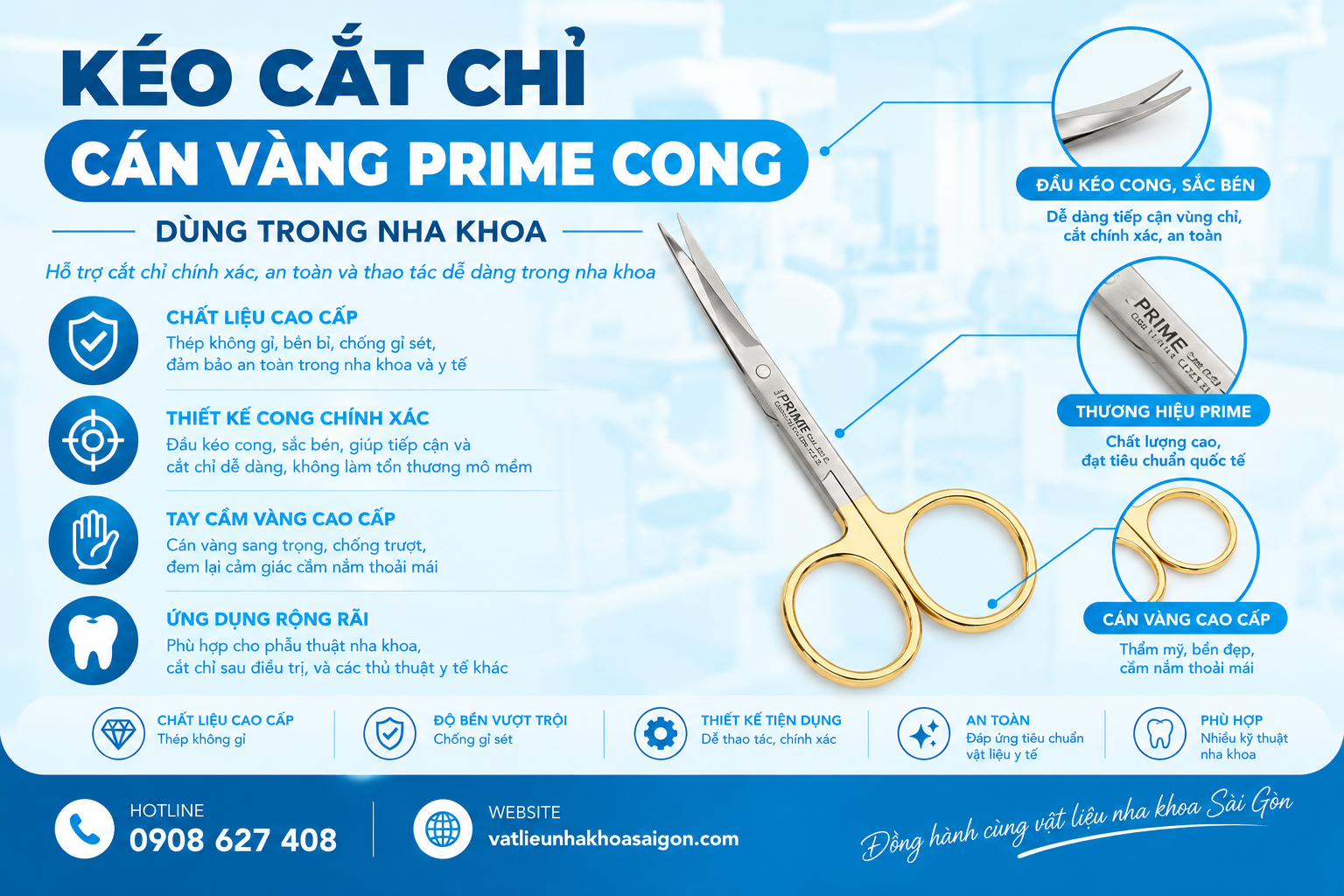 Kéo cắt chỉ cán vàng Prime cong dùng trong nha khoa
