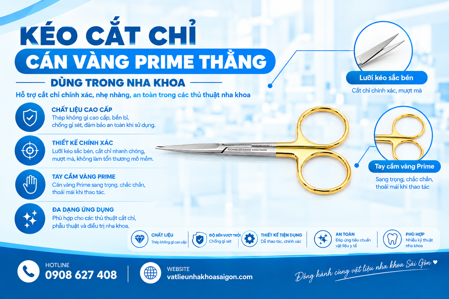 Kéo Cắt Chỉ Cán Vàng Prime Thẳng